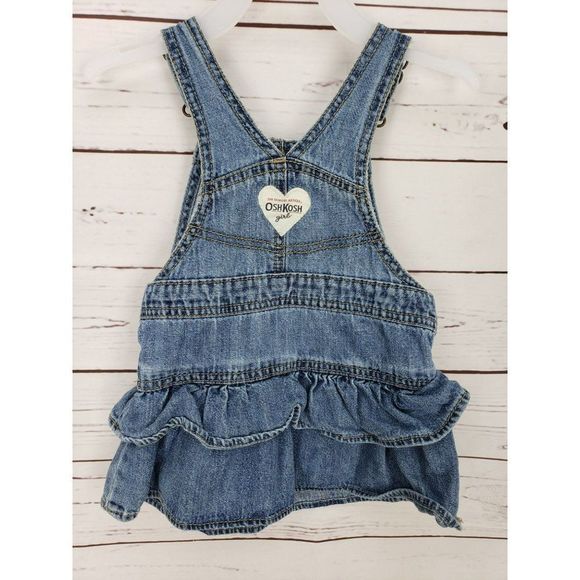 VINTAGE OshKosh Blue Jean Ruffle Heart Overall Dress Size 18 Months - Picture 2 of 6